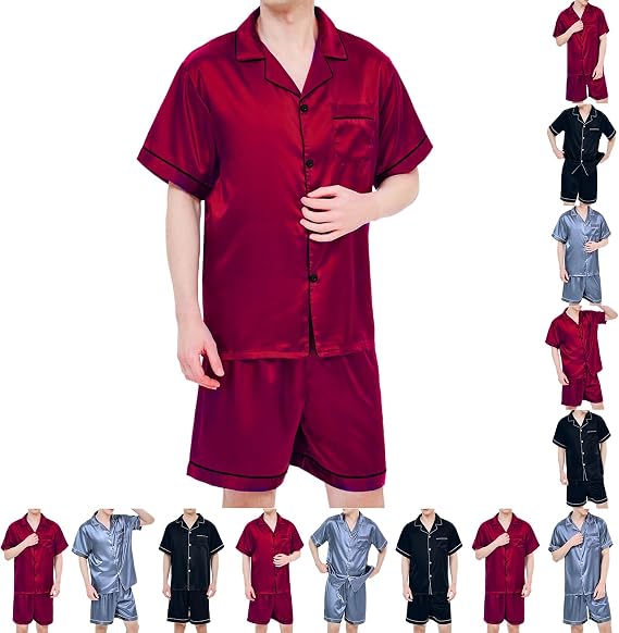 Satin Silky Men's Pajama Sets Short Sleeve Classic Sleepwear with Pockets Plus Size Lounge Set Pj Set Loungewear