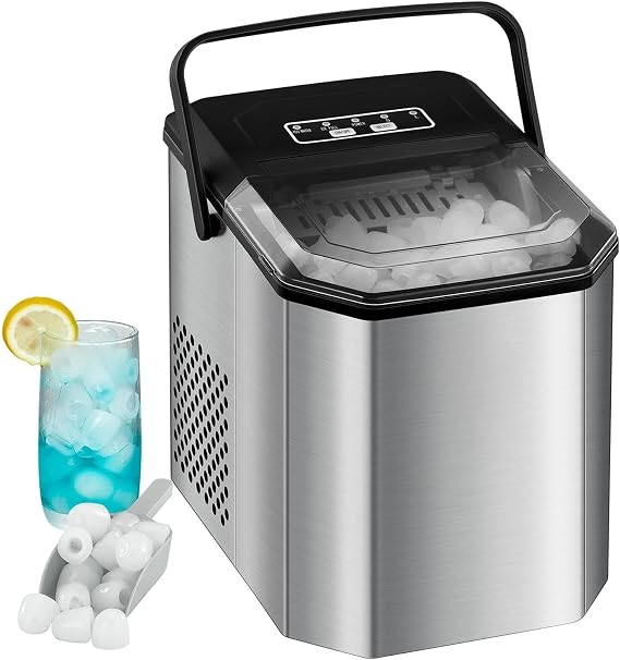 Countertop Ice Maker, 26 lbs in 24 Hours, 9 Bullet Ice Cubes Ready in 6 Mins, Portable Ice Machine with Handle, 2 Sizes Ice Cubes, with Ice Scoop and Basket for Home/Kitchen/Bar/RV