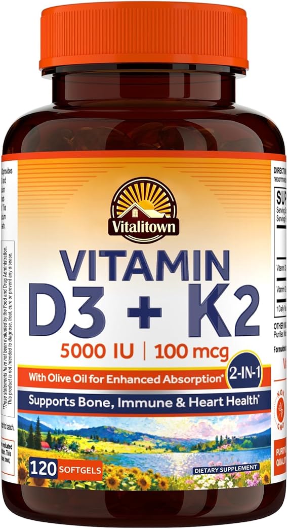 Vitalitown Vitamin D3 K2 Supplement, D3 5000 IU, Vitamin K2 MK-7 100 mcg, Non-GMO, No Gluten & Soy, for Bone, Teeth, Immune & Heart Health, 120 Softgels