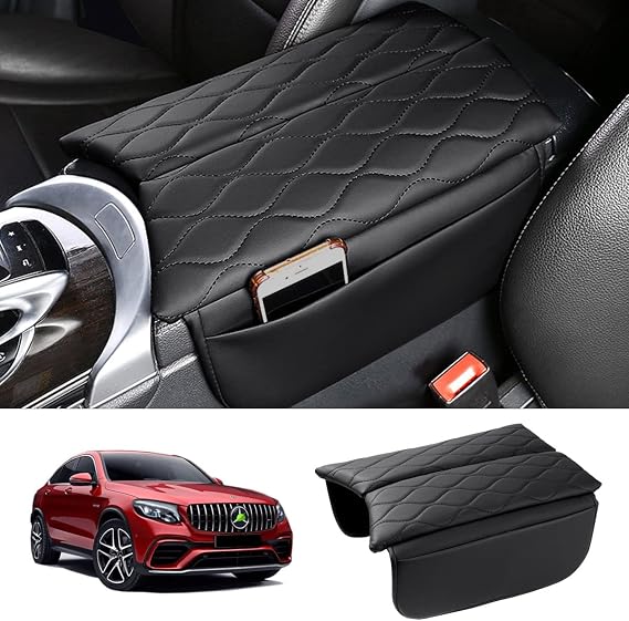 Karltys Center Console Cover for 2015-2021 Mercedes Benz C Class C300 W205 /2016-2022 GLC Class /2019-2024 EQC, Anti-Scratch Leather Waterproof Armrest Console Cover with Storage Pockets (Black)