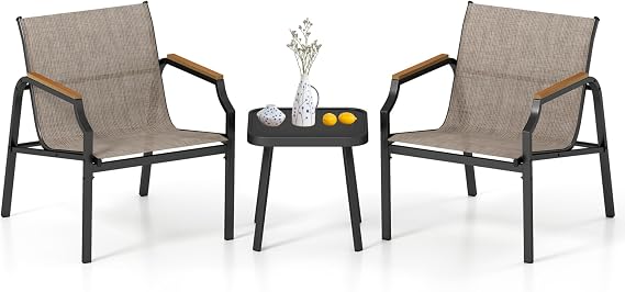3 Pieces Patio Furniture Set, Balcony Furniture w/Tempered Glass Top Coffee Table & 2 Breathable Fabric Seat, Outdoor Bistro Set for Backyard, Lawn, Garden, Poolside