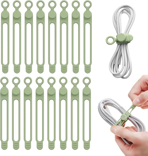 Redamancy Silicone Cable Ties, Reusable Cable Straps, Cord Organizers, Wire Ties, Adjustable Cable Management, 16pcs Green