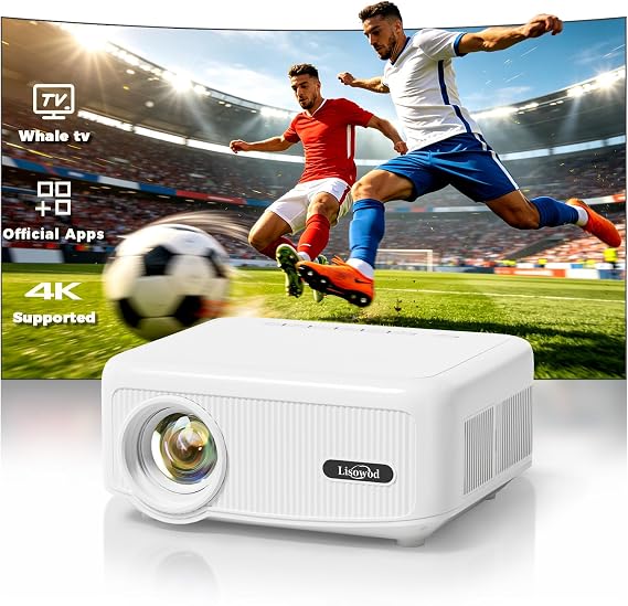 Outdoor Projector [1900 Brightness & 1k+ Official Apps] Movie Projector 4K, Electric Focus & 4P Keystone, Lisowod L02 Smart Projector with WiFi and BT, Portable Proyector for Backyard & Home Cinema