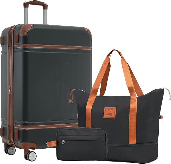 24'' Expandable Hardshell Luggage and 2 Bags Set, Lightweight and Durable ABS Suitcase with Double Spinner Wheels and TSA Lock, Single Vintage Checked Luggage, Black