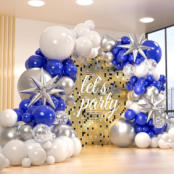 156 Pack 18" 12" 10" 5" Inch Blue and Silver Balloons Garland Arch Kit