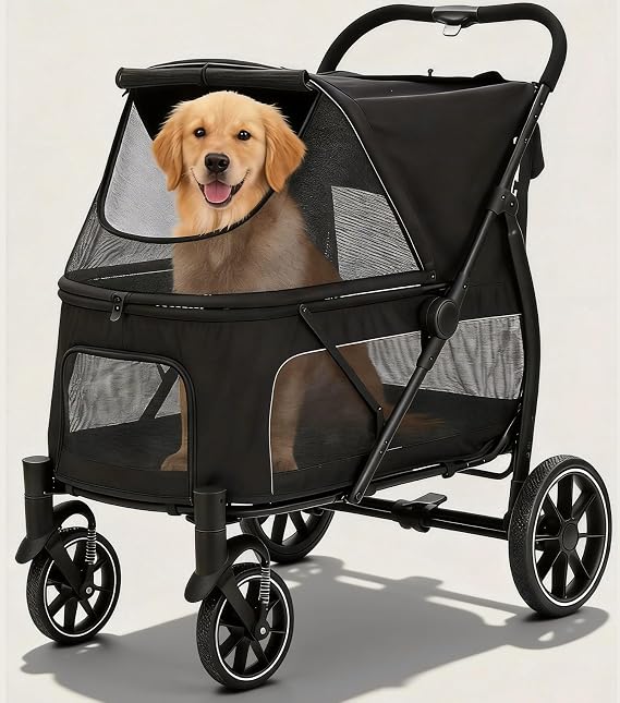 Large Dog Stroller for Multiple Pets up to 100lbs,Ultra-Breathable | Pet Stroller for Medium 2 Dogs,All-Terrain with& Mesh Dual-Window,1680D Waterproof Oxford Fiber (Black)