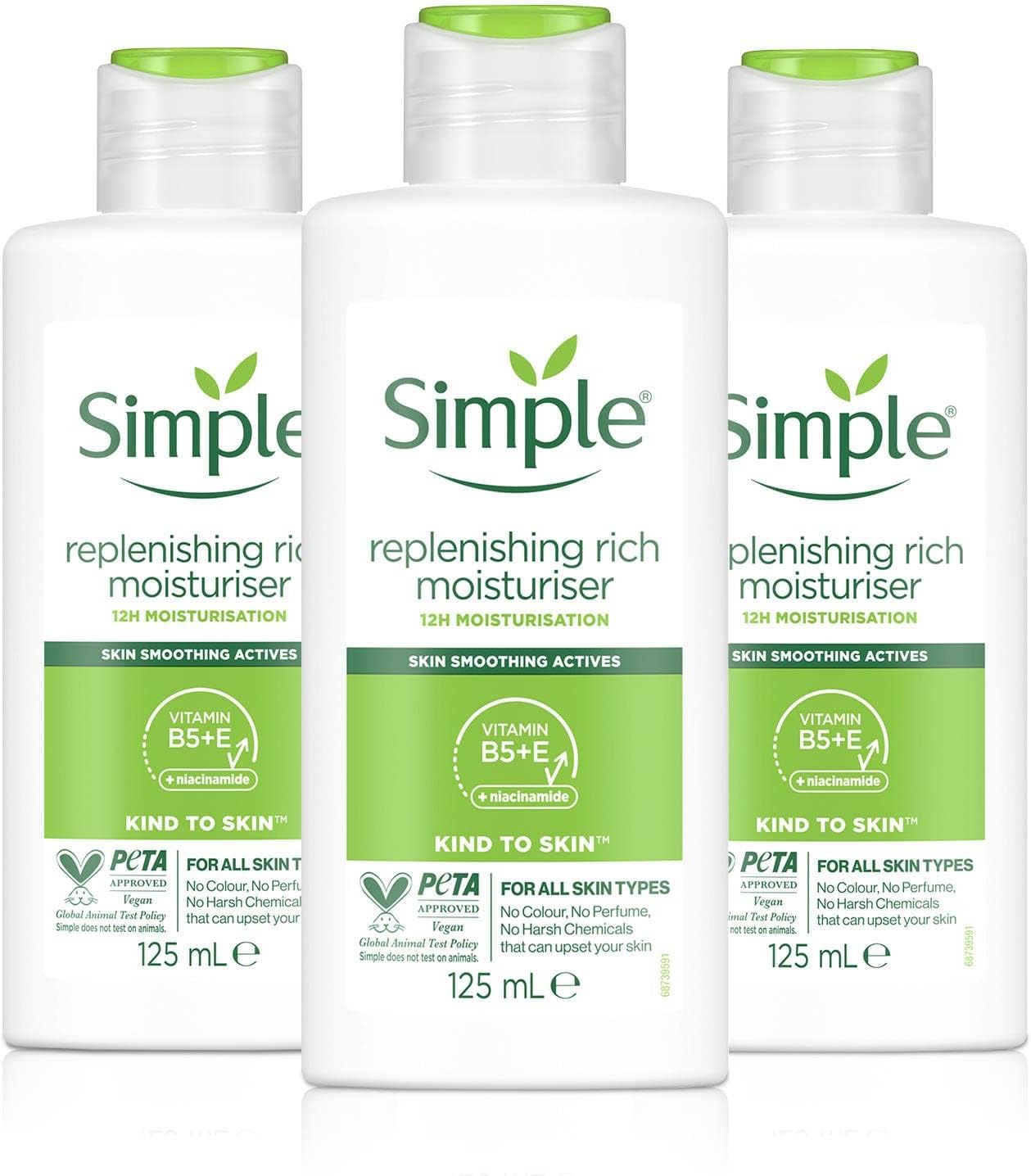 Simple Kind to Skin Replenishing Rich Moisturizer with Skin Smoothing Active for 12 Hours Hydration & Moisturization 125ml, Pack of 3
