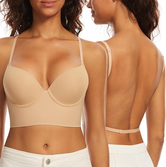 Low Back Bra for Women-Seamless Demi Invisible Backless Bras | Lightly Lined Underwire Multiway Halter Bra, Low Cut Open Back, Clear Back, Ideal for Summer Backless and Low-back Dresses