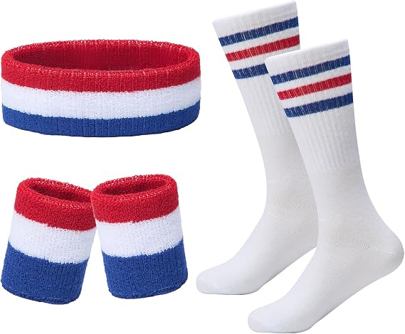 Striped Sweatbands Set, Sports Headband and Wristbands Sweatbands Colorful Cotton Striped Sweatband Set American Flag Style for Men and Women