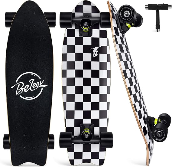 BELEEV Cruiser Skateboards for Beginners, 27 x 8 inch Complete Skateboard for Kids Teens Adults, 7 Ply Canadian Maple Double Kick Deck Concave Skateboard with Skate T-Tool