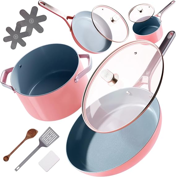 Premium Non-Toxic Ceramic Cookware Set Triple-Layer Nonstick 12 Piece Pots and Pans with Lids, PFAS-Free, Oven Safe for Healthy Meals, Space-Saving Design, Coral Pink Color | Greater Goods