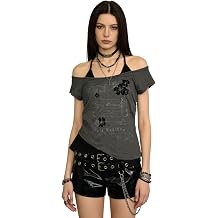 Grunge Emo トップス レディース Y2k 服 フェイク ツーピース ベビー Tシャツ 2000年代 ゴス グラフィック 半袖 オフショルダー Alt Tシャツ