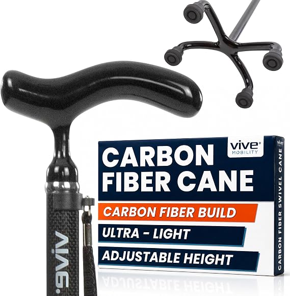 Vive Ultra-Lightweight Quad Cane - Carbon Fiber Walking Stick for Men & Women - Adjustable Ergonomic Grip Handle - Nonslip 4 Prong Rubber Tips for Right, Left Stability Support - Mobility Travel Aid