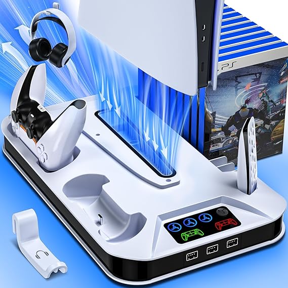 PS5/Slim/Pro Cooling Station with Controller Charging Station for Playstation Console Playstation 5 Slim&Standard Disc/Digital Console, PS5 Pro Stand Cooler Accessories Incl Cooling Fan/3 USB Hubs