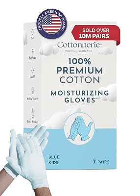 7 Pairs Cottonnerie Kids Blue 100% Premium Cotton Moisturizing Gloves for Kids: Dry Hands & Eczema | Overnight Lotion Treatment for Children, Girl & Boy | Reusable, Free Washing Bag, 2-5 Years