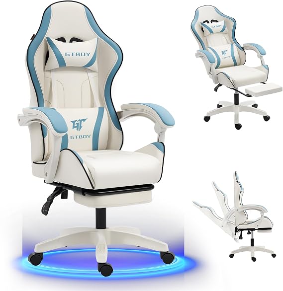GTBoy Gaming Chair with Ottoman, Ergonomic Design, Reclining, Height Adjustment, Desk Chair, Office, PC Chair, Telework White x Blue