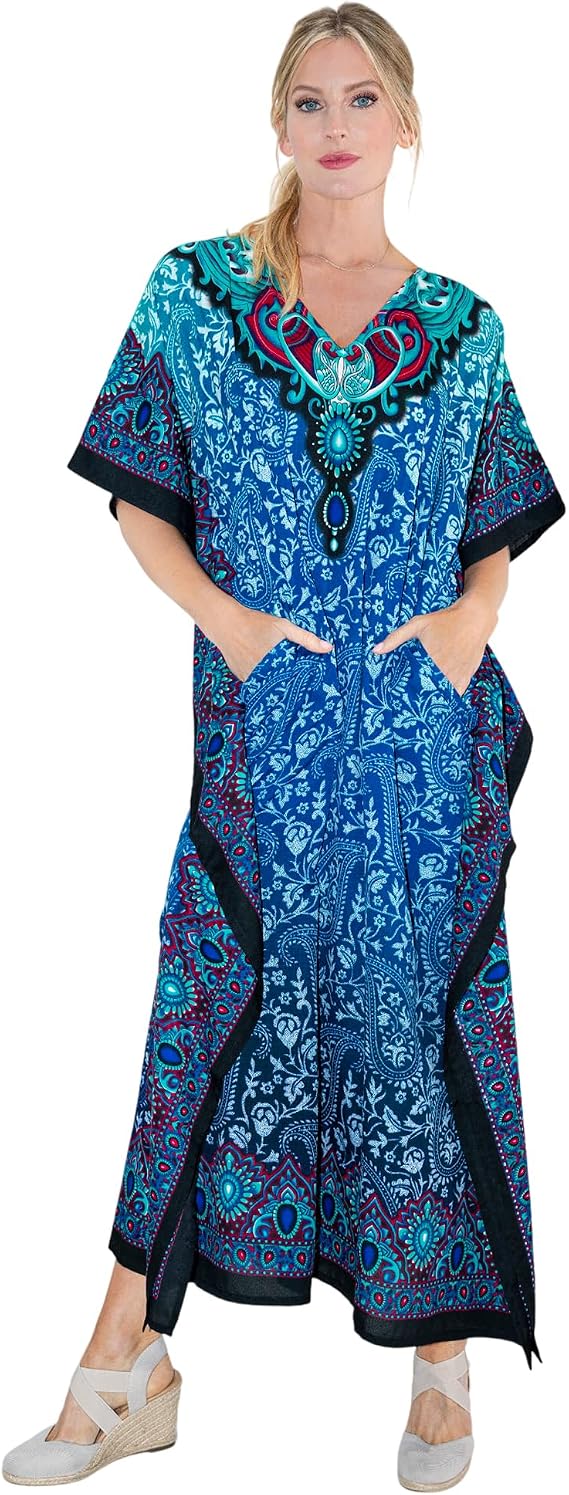 Miss Lavish London Long Kaftan Dress Women, Flowy Resort Wear, Maxi Plus Size Swim Coverup, Lightweight Summer Long Kaftan