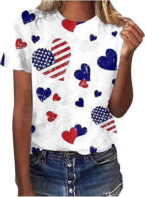 American Flag Stripes Shirts for Women Patriotic Shirts Short Sleeve Blouse Crew Neck Casual T-Shirts Summer White, L