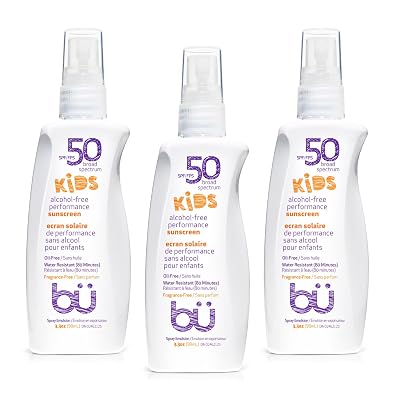 BU SPF 50 Fragrance Free Kids Sunscreen Spray for Face and Body, TSA Travel Size Sunscreen, Clear Non Aeorsol Spray, Non Greasy, Water Resistant and Oil Free, 3.3 oz 3-pack