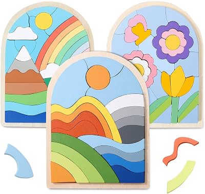 Montessori Wooden Shape Puzzles - Color Matching & Cognition Fun for Kids Over 3 Years Old, with Rainbow Blocks & Themes, Fine Motor Skill Building Toys & Gifts 3 Pack Colorful