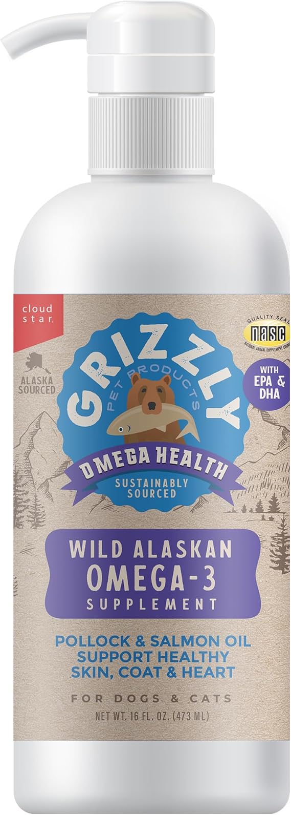 Grizzly Omega Health for Dogs & Cats, Wild Salmon Oil/Pollock Oil Omega-3 Blend