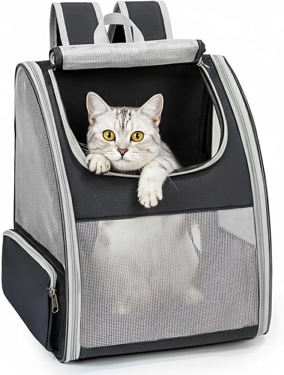 Conlun Backpack Cat and Transportin Small Dog for Small Dogs and Cats up to 7 kg, Backpack for Dogs Mesh Windows on 3 Sides, for Travel and Hiking, Grey