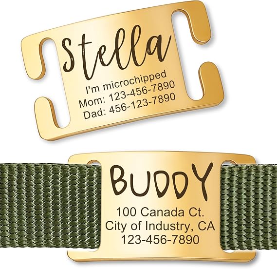 Anavia Slide On Silent Pet ID Tags, S/M/L/XL Personalized Gold Black Stainless Steel Customized Engraved Cat Dog Name Tags, Glossy Finish Chew-Proof Quiet Dog Collar Tag (X-Large, Gold)