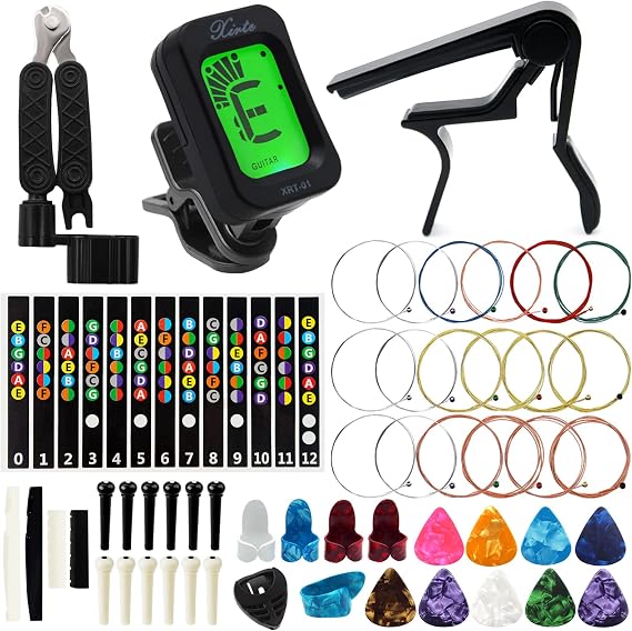 Anvin Acoustic Guitar Accessories Kit - Including Guitar Strings, Tuner, Capo, Restring Tool, Pick Holder, Bridge Pins, Guitar Nuts and Saddles, Finger Picks (53 Pcs)
