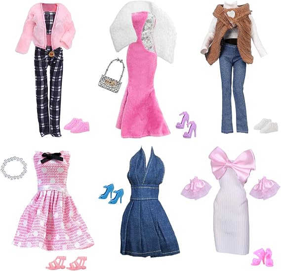 19 Doll Clothes Compatible with Barbie Doll Include Fishtail Dress Set Plush Vest Set Plush Jacket Set Polka Dots Dress Bow Dress Denim Dress 2 Accessories 7 Shoes for 11.5 Inch Dolls Girls Gift