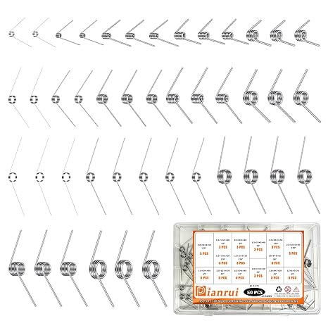 Dianrui 50 PCS Torsional Springs Assortment Kit, 45/90/120 Degree 15 Sizes 304 Stainless Steel Mechanical Small Torsion Spring for Home Repairs & DIY Springs Assortment (Diameter 0.5 to 2.5mm)