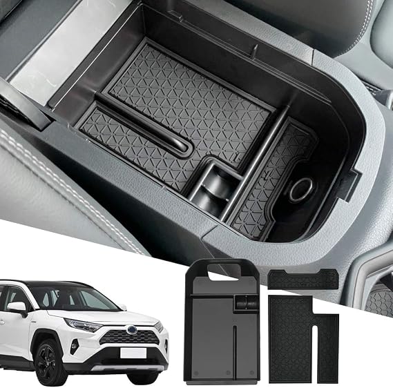 D-Lumina RAV-4 Center Console Organizer Compatible with Toyota RAV4 2019 2020 2021 2022 2023 - Armrest Secondary Storage Tray, w/Black Anti-Dust Mats