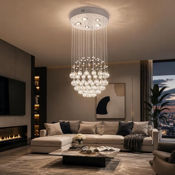 Tiered Crystal Ball Waterfall Chandelier Long Drop 80cm for High Ceilings [Energy Class E]