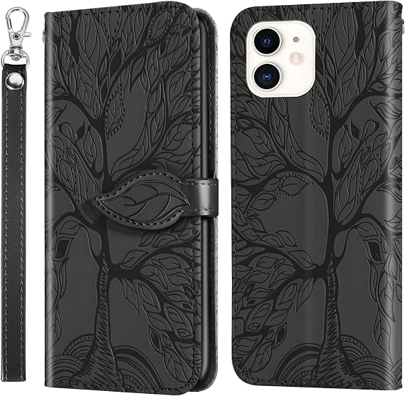 iPhone 12 Mini 財布型ケース カードホルダー/スロット付き PUレザーフリップフォリオシェル マグネット開閉 リストストラップ キックスタンド 耐衝撃カバー iPhone 12 Mini 5G 5.4インチ対応 ブラック