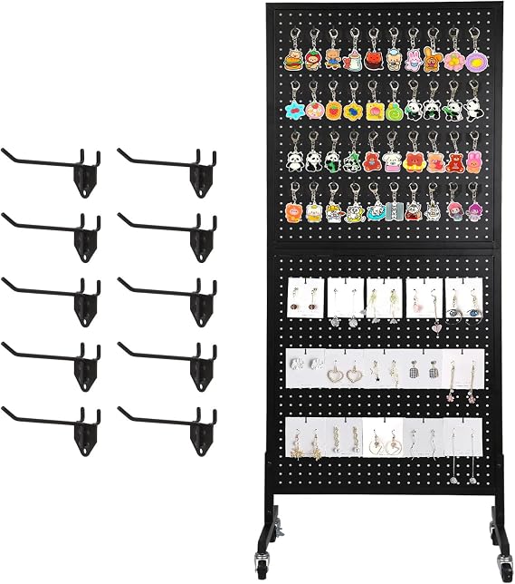 NectaCol 2'x 5' Standing Pegboard Display with T-Base, Pegboard Display Stand with Wheels, Metal Peg Board Display Rack, Art Display Stand, Extra 10 Pieces Hooks - Black