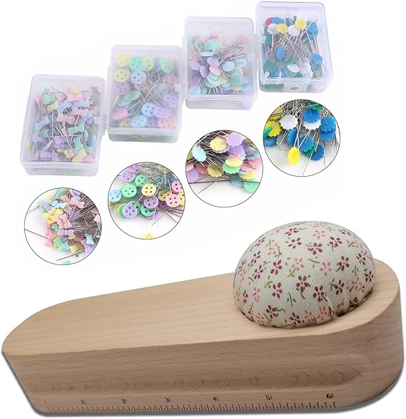 1pcs Hardwood Tailors Clapper with 400pcs Sewing Pins Patchwork Pins, Quilters Pressing and Seam Flattening Tool with Pin Cushion and Dual Unit Scale
