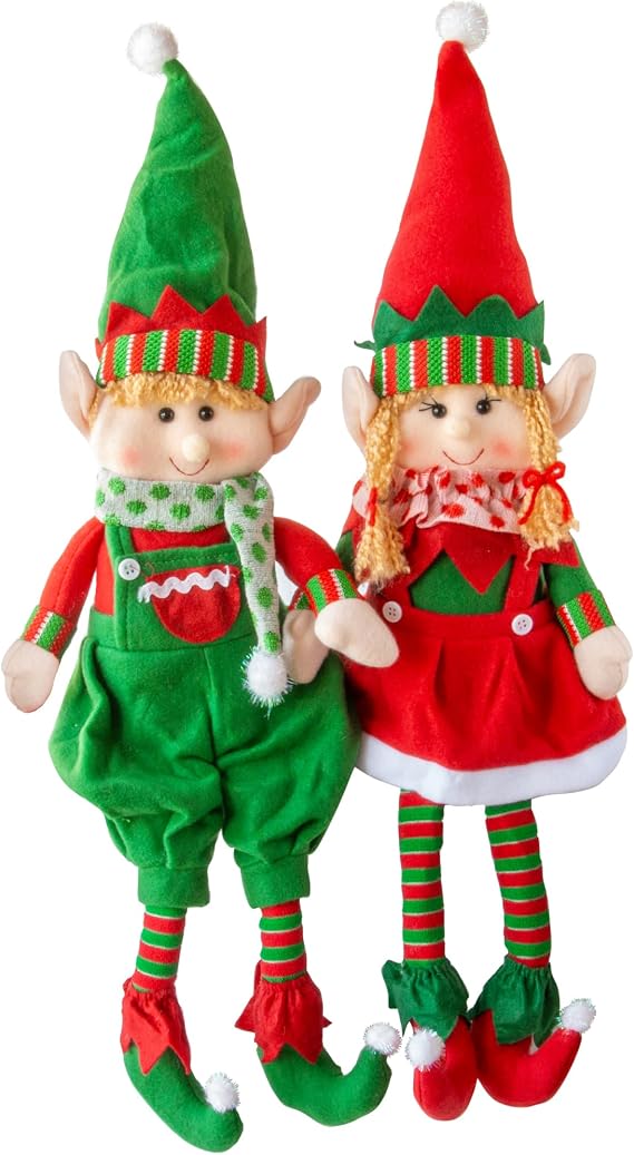 Elf Plush Christmas Stuffed Dolls, Set of 2-18" Boy and Girl Elves Holiday Cute Plush Shelf Toys - Fun Kids Buddy Figurine Decorations, Christmas Winter Holiday Party Festive Decor and Gift Exchange