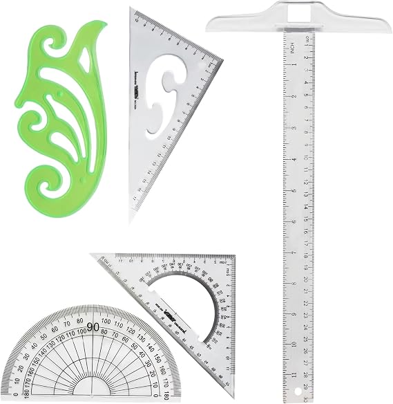 5 Pack Drafting Set, Plastic T-Square, Triangle Ruler, and French Curve Ruler, Tool Ruler for Crafting and Students