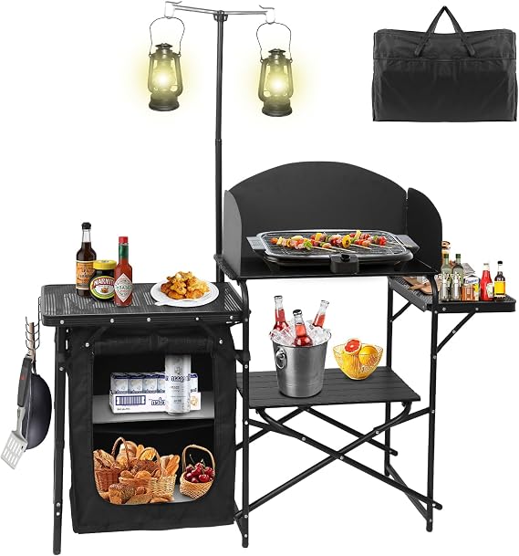 CDEN Foldable Camping Kitchen Station with Light Stand and Windshield, Portable Grill Table with Prep Surface for Camping, Tailgating, BBQ & Outdoor Cooking