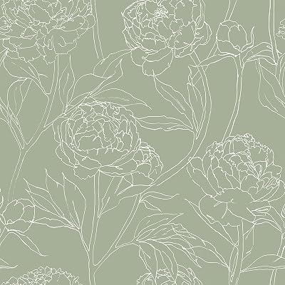 VEELIKE Sage Green Sketch Peonies Wallpaper Peel and Stick Vintage Floral Wallpaper for Bedroom Bathroom 17.7x118 Removable Floral Wall Mural Self Adhesive Green Contact Paper for Cabinets Drawers