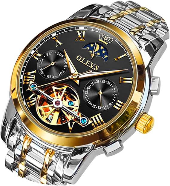 OLEVS Men Watch Automatic Mechanical Skeleton Moon Phase Dress Business Stainless Steel 3AT Waterproof Luminous Men Wrist Watch