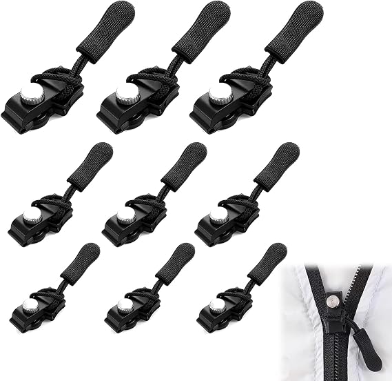 9 Pcs Universal Zipper Repairer Kit with 3 Sizes Zipper Puller Replacement Removable No Sewing Required Zip Fixer Detachable Pulls Zip Heads for Backpacks Luggage Suitcases Jeans Coats(Black)
