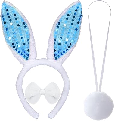 3Pcs Easter Rabbit Costume Set - Fuzzy Bunny Ears Headband, Bow Tie and Tail for Adult Women Halloween Accessories