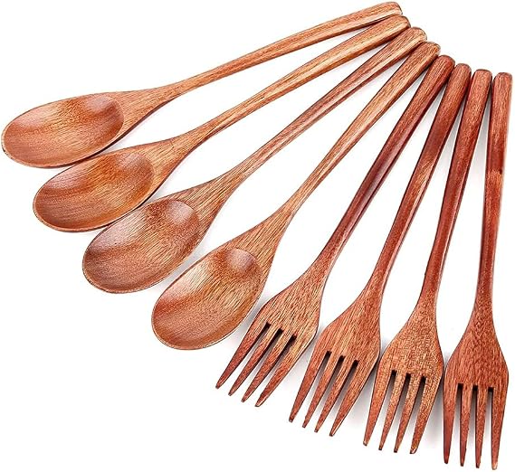 8Pcs Wooden Spoons Forks Set, Japanese Style Wooden Utensil Set, Handmade Kitchen Spoon, Reusable Travel Flatware Set
