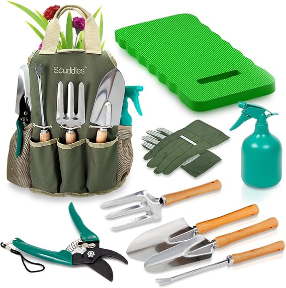 Scuddles Premium Gardening Kit for Women 10 Stainless Steel Tools with Ergonomic Handles, Tote Bag, Kneeling Pad, Shears, Gloves, Rake, Trowel & Shovel Garden Set for Planting, Pruning & Gifts