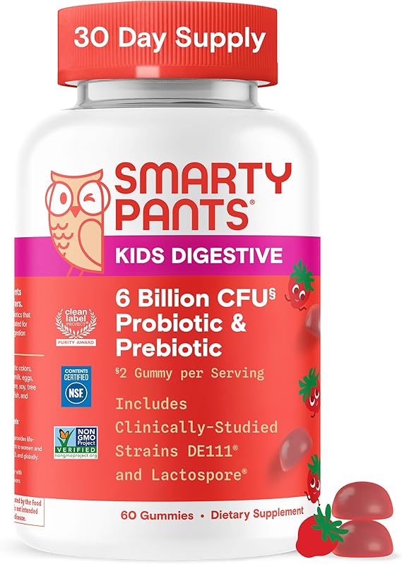 SmartyPants Kids Probiotic & Prebiotic Gummies for Digestive Health: Gut Health Supplement, Clinically Studied Prebiotic for Immune Support, Strawberry, 60 Count 30 Day Supply