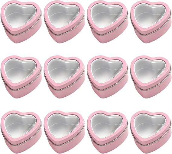 12Pack Metal Tin Cans 2 OZ Heart Shaped Containers with Clear Tops, Wedding Party Favors Empty Candle Tins Storage Box for Candle Making, Candies, DIY Craft and Treasures