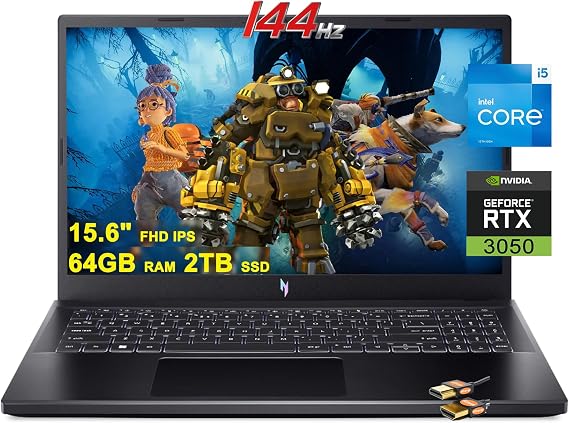 ACER Nitro 5 Gaming Laptop 15.6'' FHD IPS 144Hz Display 12th Gen Intel 12-Core i5-12500H (Beat i7-11800H) 64GB RAM 2TB SSD GeForce RTX 3050 4GB USB-C Win11 + HDMI Cable, Black