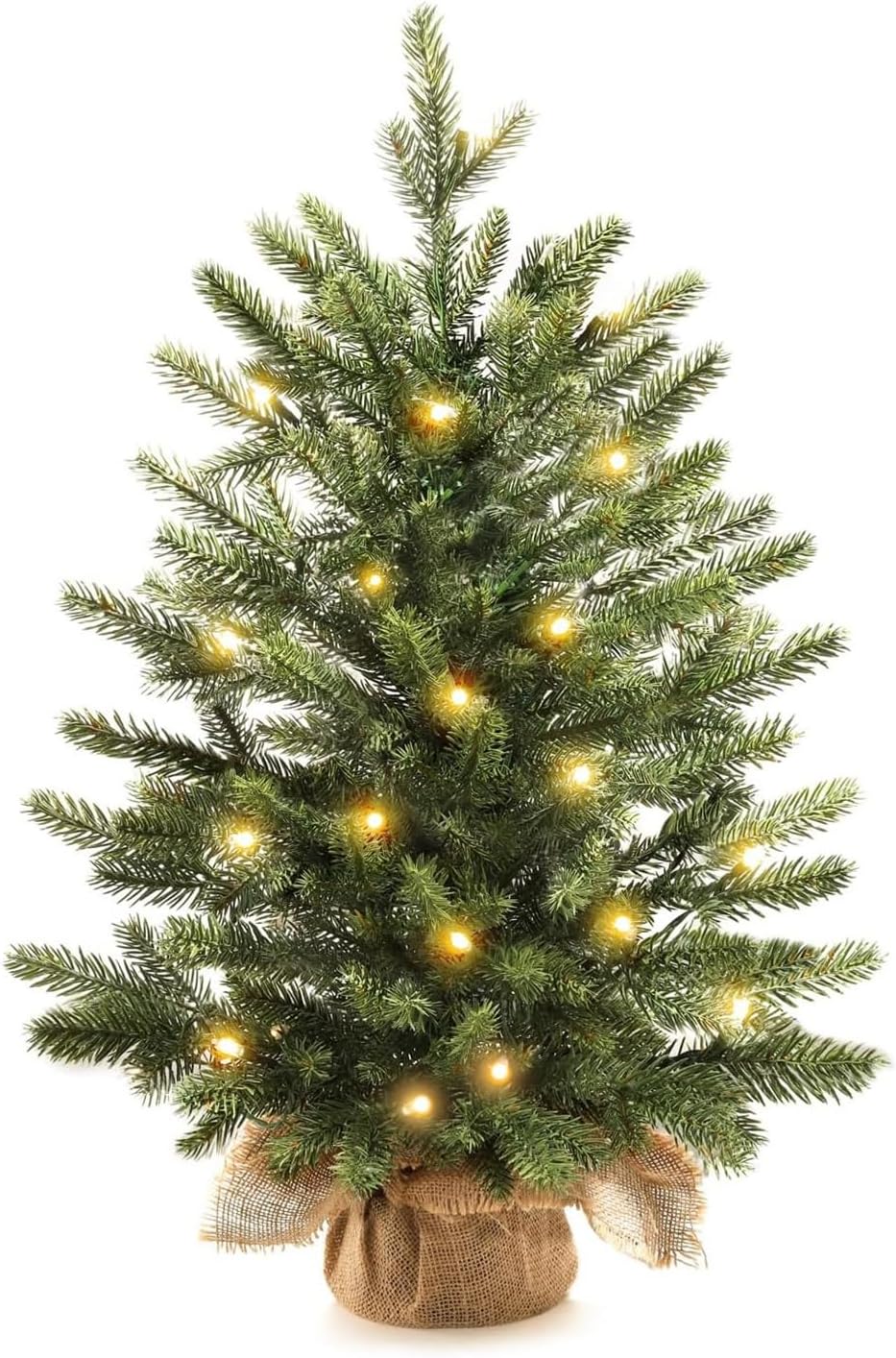 45cm Mini Christmas Tree, Pre Lit Artificial Tabletop Christmas Tree with Lights, Hessian Style Base Small C-hristmas T-ree, Perfect for Xmas Decorations, Home, Kitchen, Dining GREEN