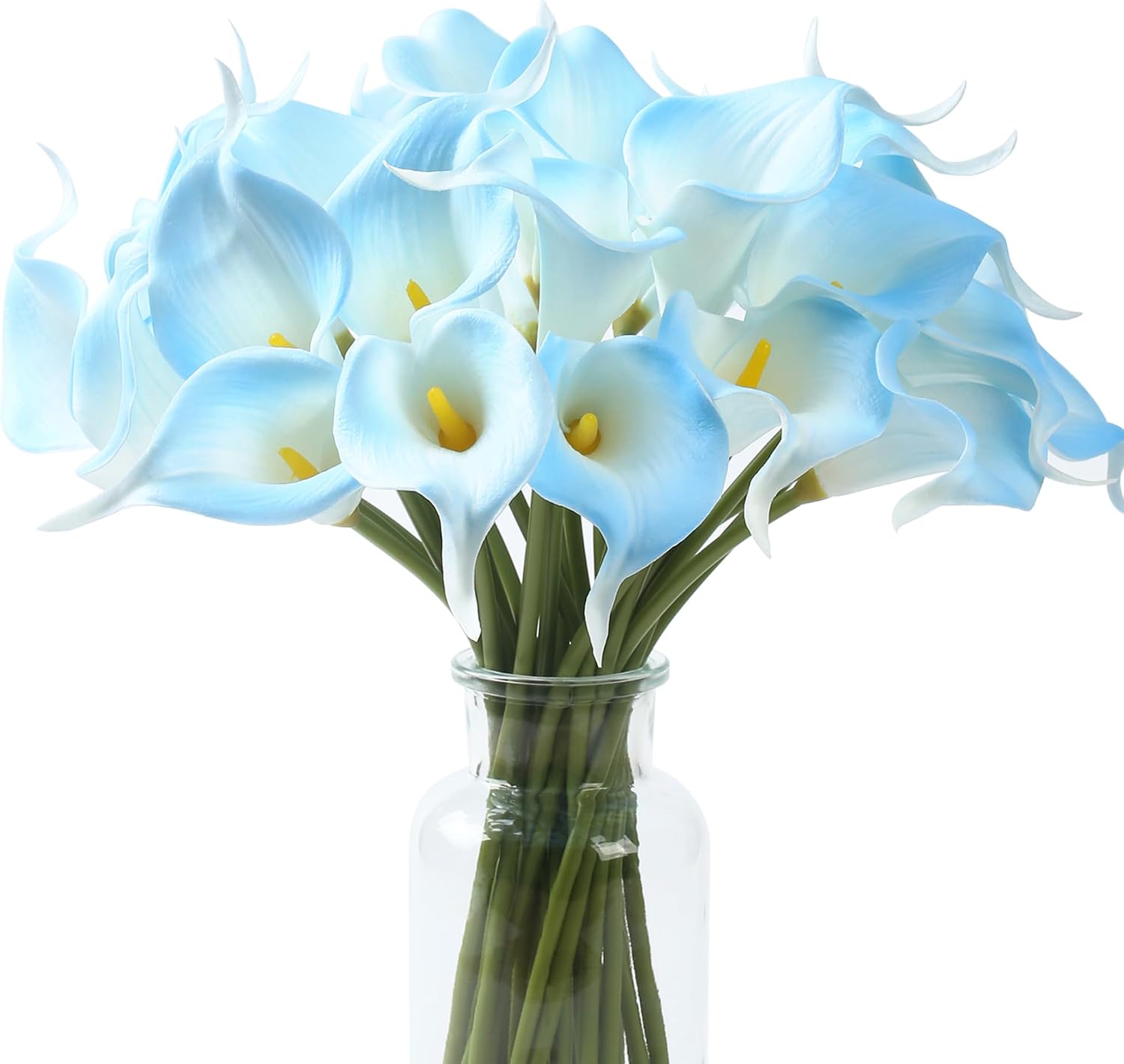 SITUMEIZI 24 PCS Light Blue Fake Flowers Artificial Calla Lily Silk Flowers Real Touch for Mothers Day Easter Home Kitchen Decor Wedding Bouquet Office Spring Decoration