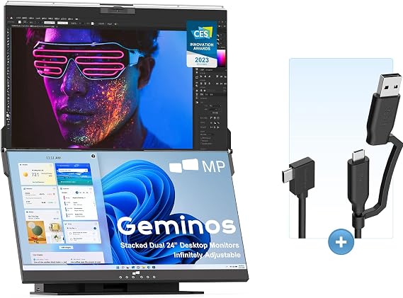 Geminos Computer Monitors with 2-in-1 USB Cable, Mobile Pixels 1080P Webcam&Speakers, 100W USB-C Charging, All-Inclusive Dual 24" Stacked Vertical Desktop Monitor, HDMI/USB-A/USB-C